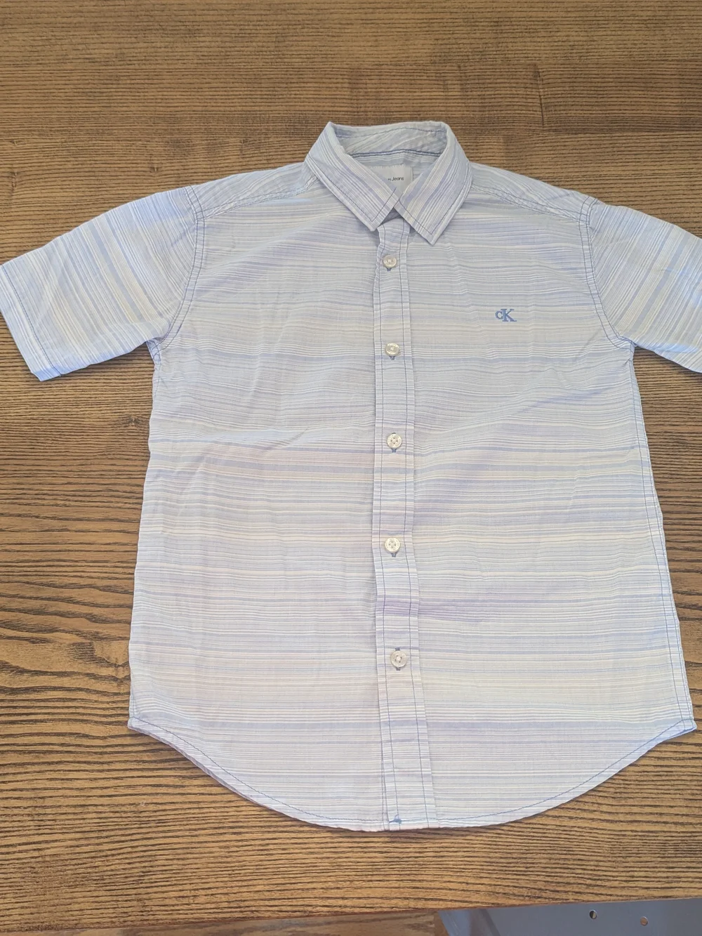 EUC Calvin Klein Boys Small 8 Blue Stripe Classic Button Up Short Sleeve Shirt
